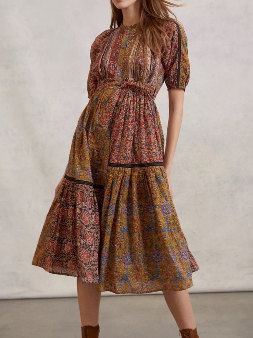 Anthropologie Seen Worn Kept Kamila Block Print Patchwork Boho Midi Cotton Dress
